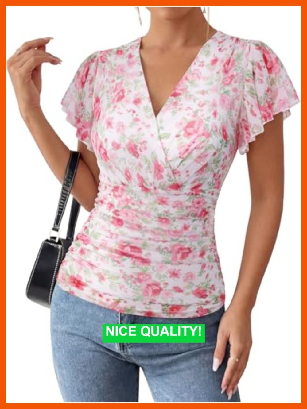 Mesh Ruffle Sleeve Wrap Blouse Floral Boho Dressy Casual Top